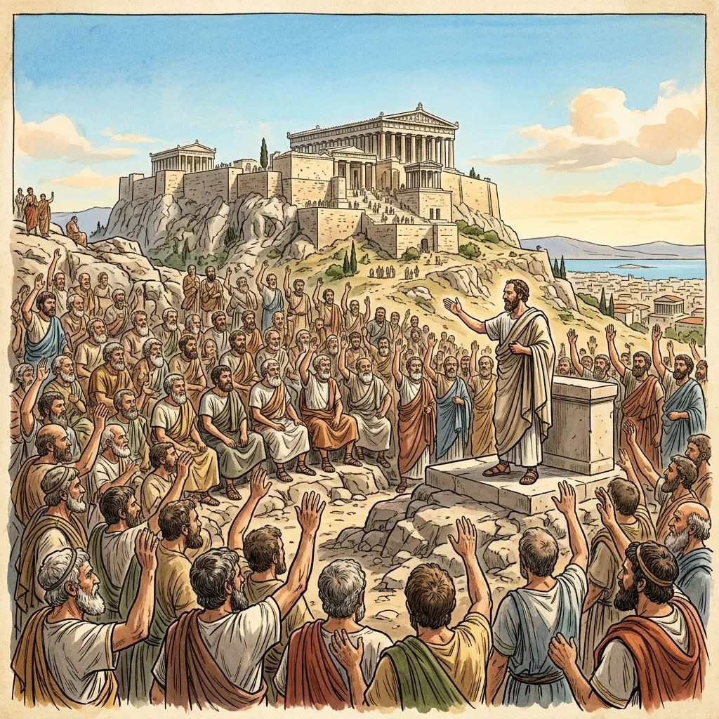 Citizen Assembly gathering on the Pnyx hill in ancient Athens