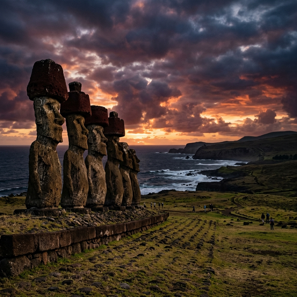 Moai statues at Ahu Tongariki, Easter Island, restored to their ceremonial platform
