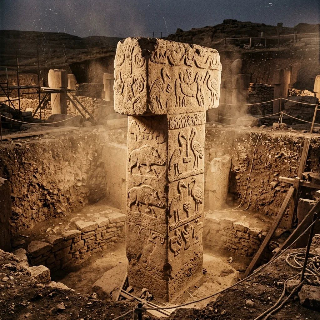 A detailed T-shaped limestone pillar with high-relief carvings of wild boars and birds at Göbekli Tepe, dramatic excavation pit lighting