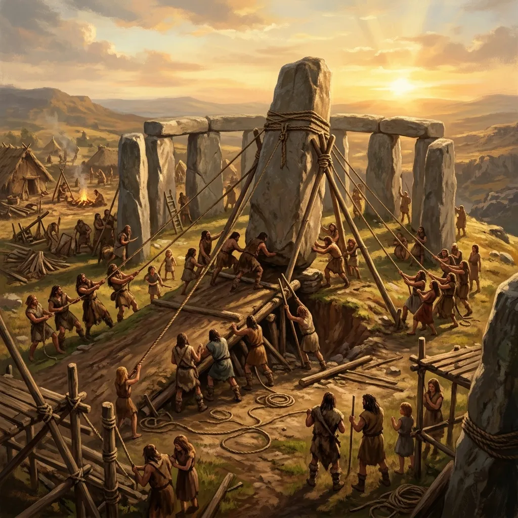 Reconstructed Neolithic gathering scene around massive stone circles