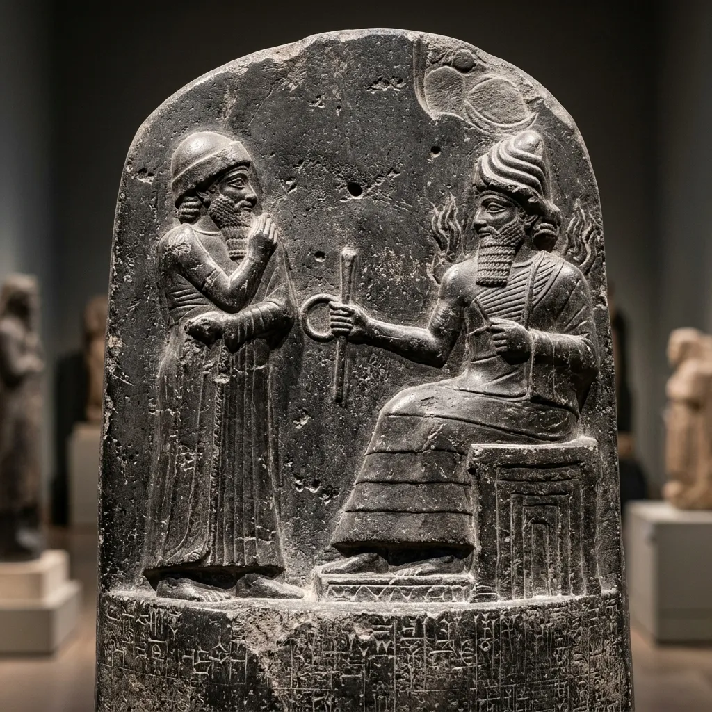 King Hammurabi standing before the enthroned sun god Shamash atop the famous basalt stele, rendered in Babylonian artistic style