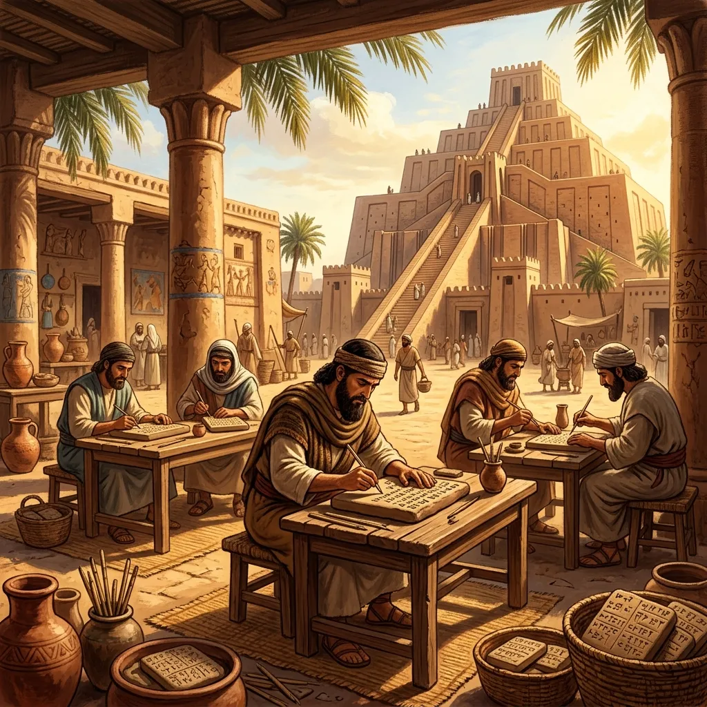 Babylonian courtyard scene with scribes carefully carving cuneiform law codes onto clay tablets, with ziggurats rising in the background