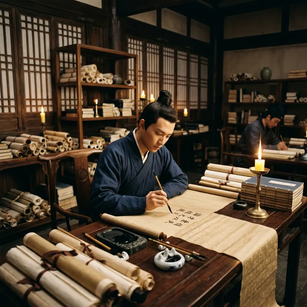 Han Dynasty civil service exam candidate writing on silk