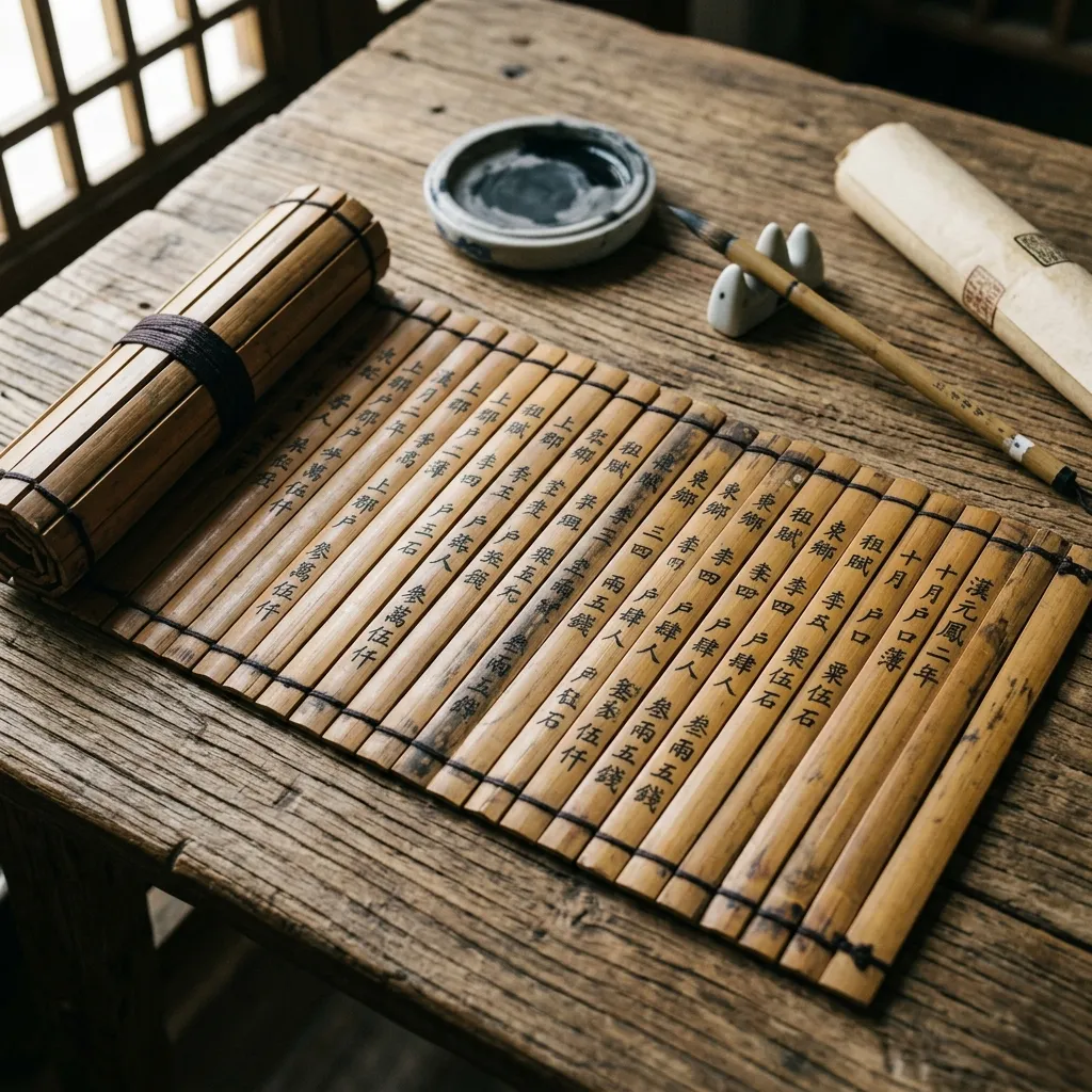 Bamboo slips linked with string forming tax records