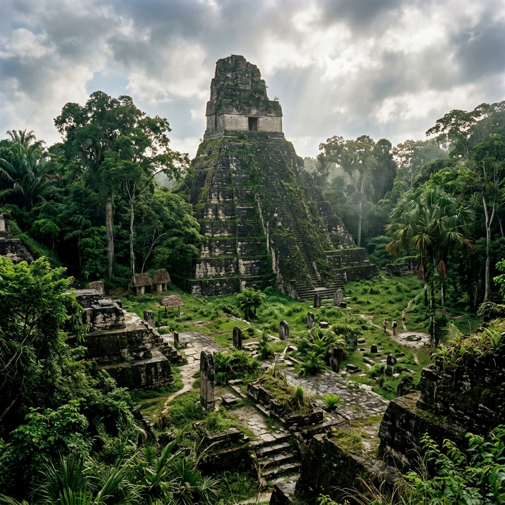 Temple ruins at Tikal rising above the jungle canopy of Guatemala's Petén region