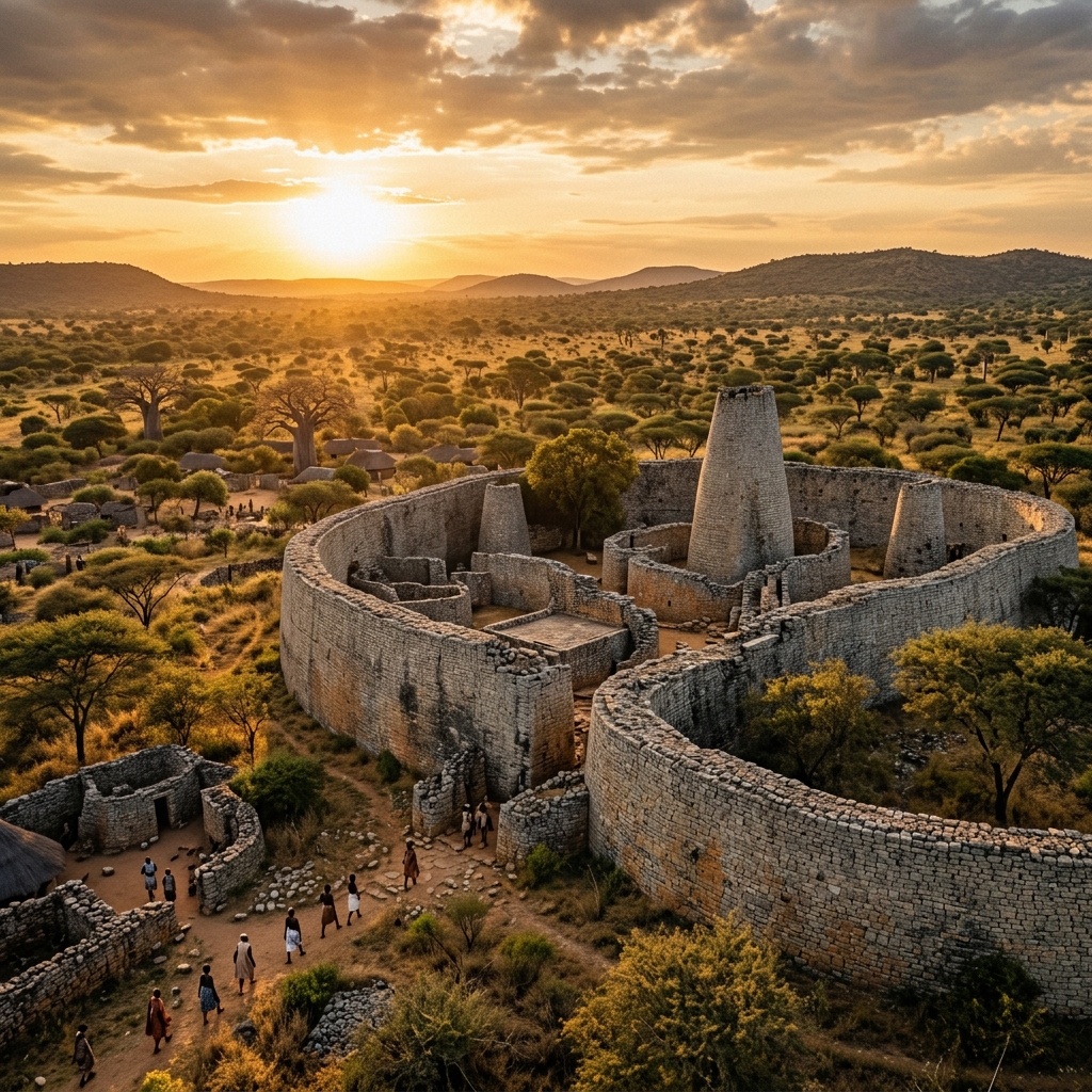 The Great Enclosure wall at Great Zimbabwe, showing courses of unmortared granite blocks