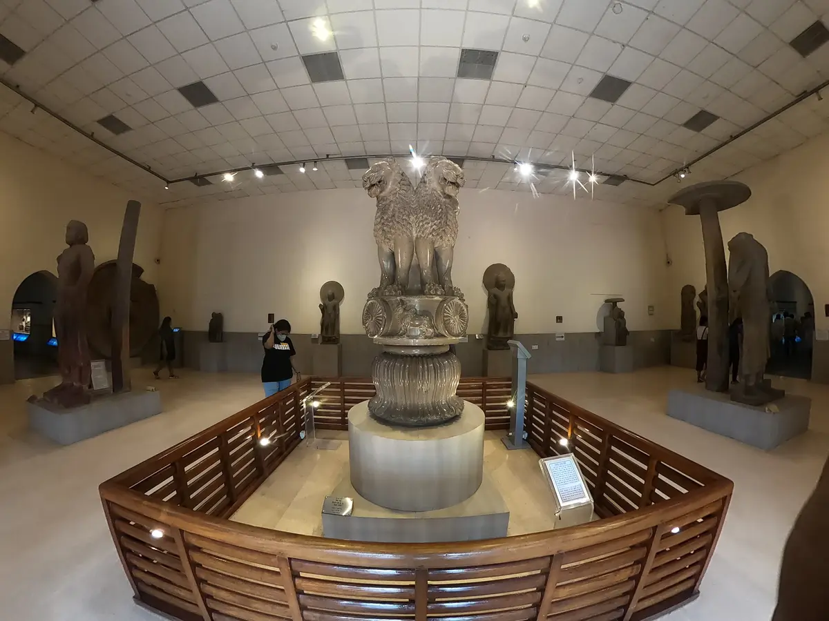 The authentic Lion Capital of Ashoka on display in a museum