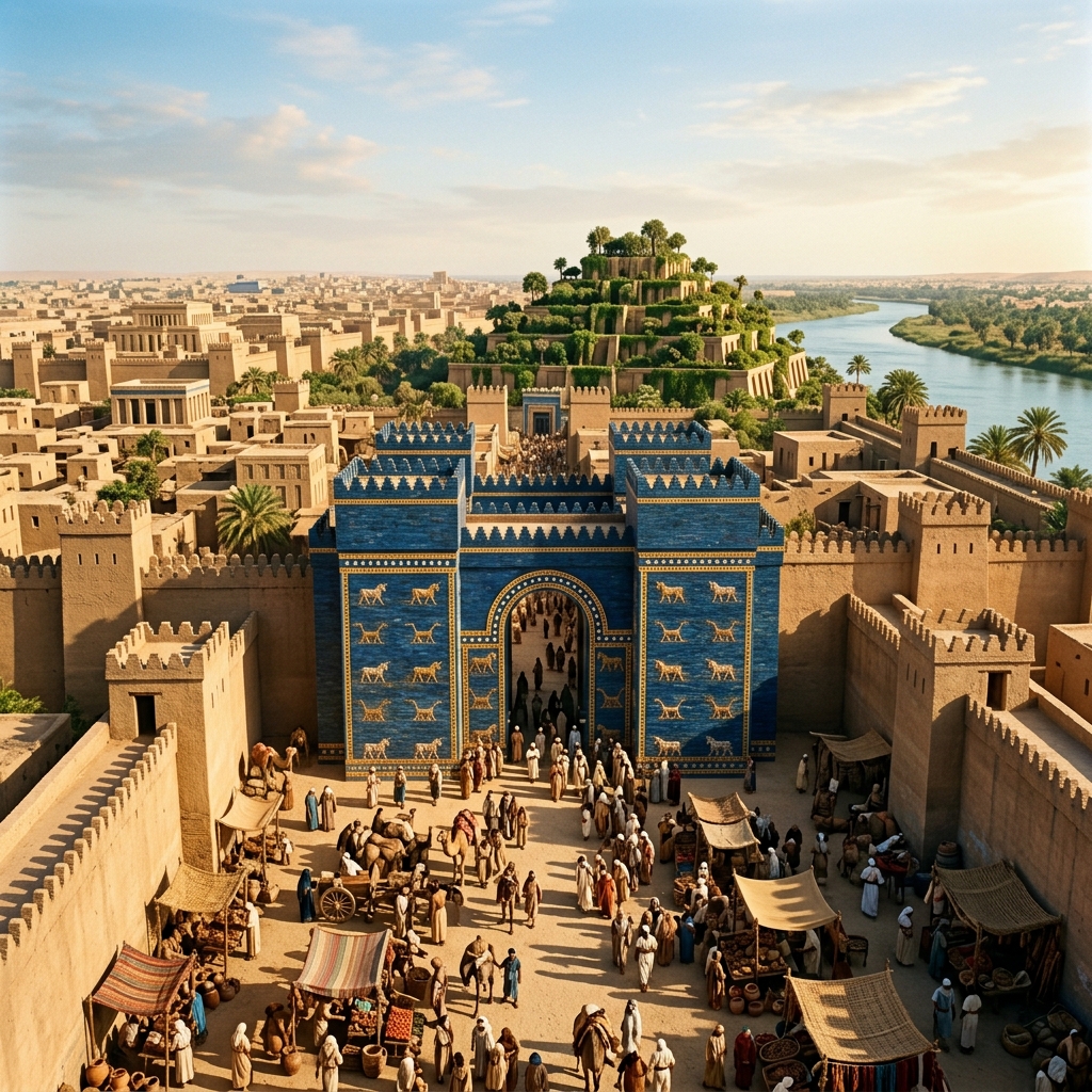 Reconstruction of ancient Mesopotamian ziggurat and city