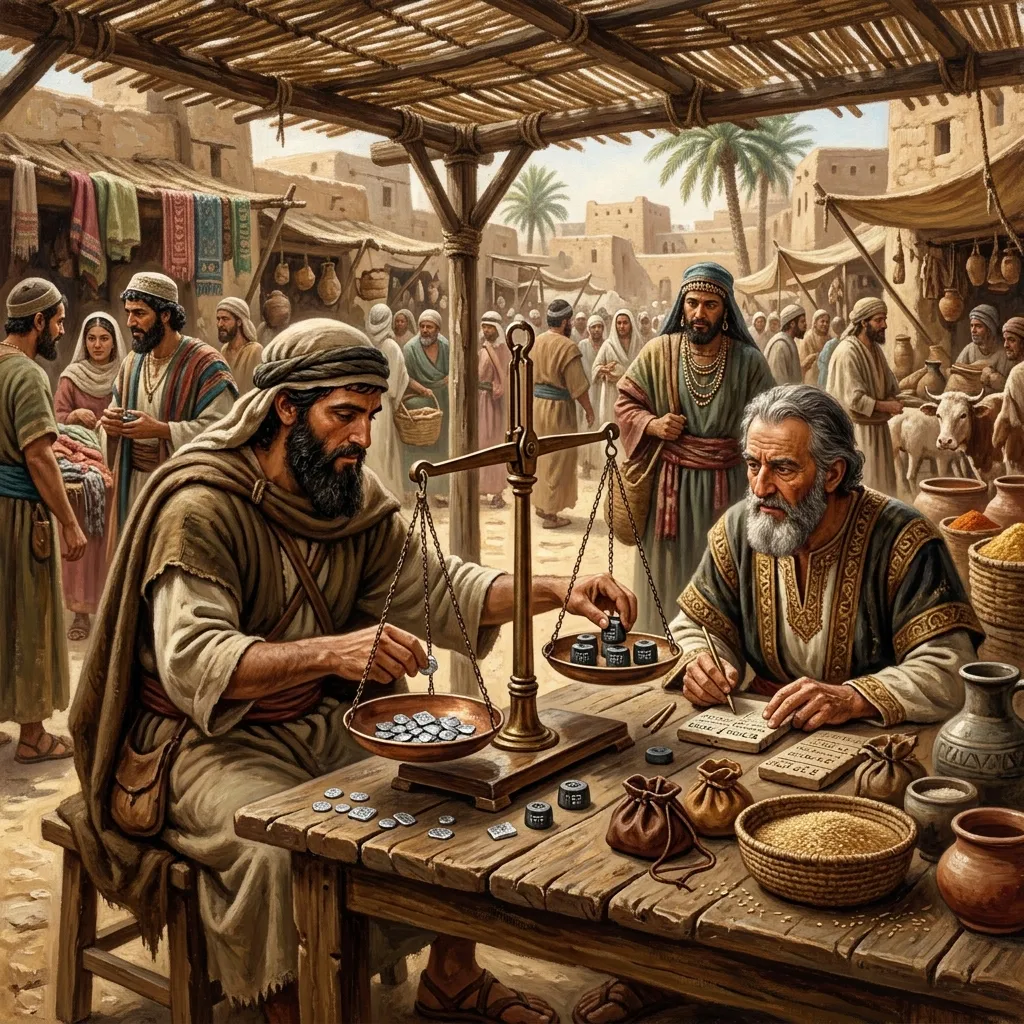Mesopotamian merchants weighing silver shekels in a market