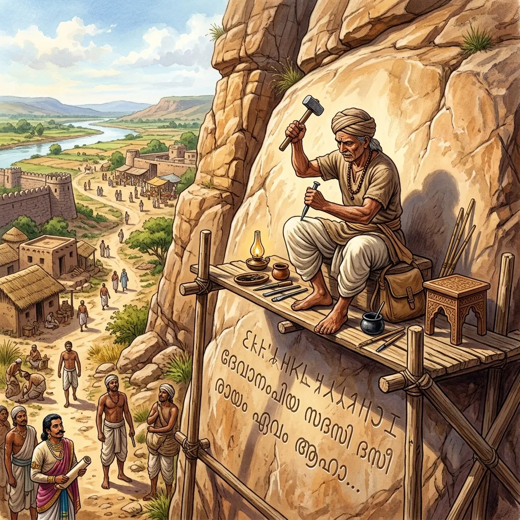 A scribe carving Ashoka's edicts onto rock face