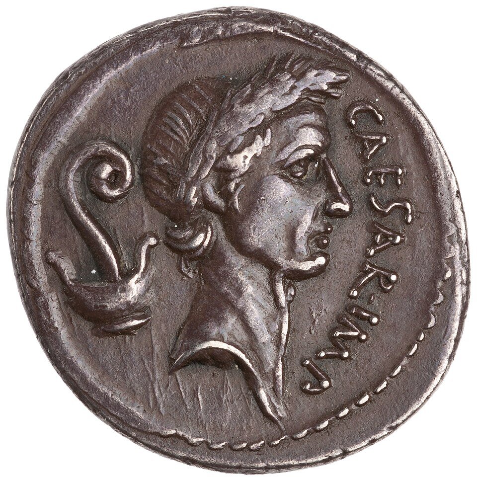 Silver denarius minted in 44 BCE depicting Julius Caesar as Dictator Perpetuo