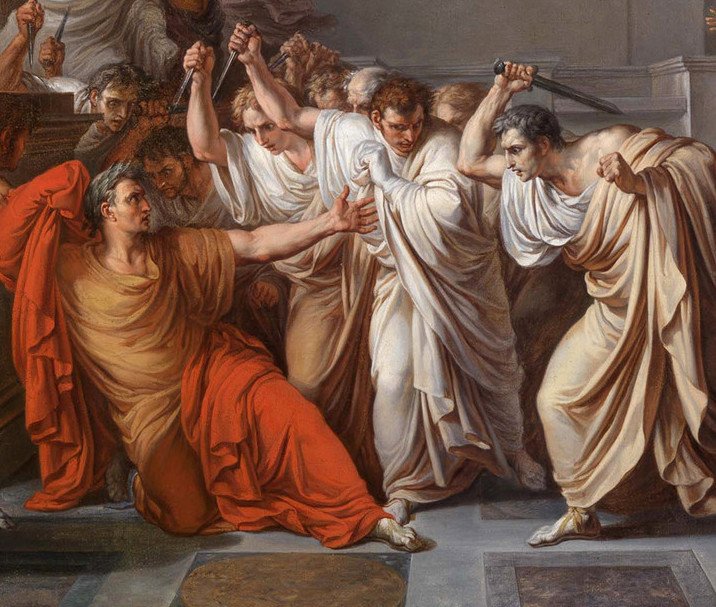 Neoclassical painting of the assassination of Julius Caesar in the Curia of Pompey