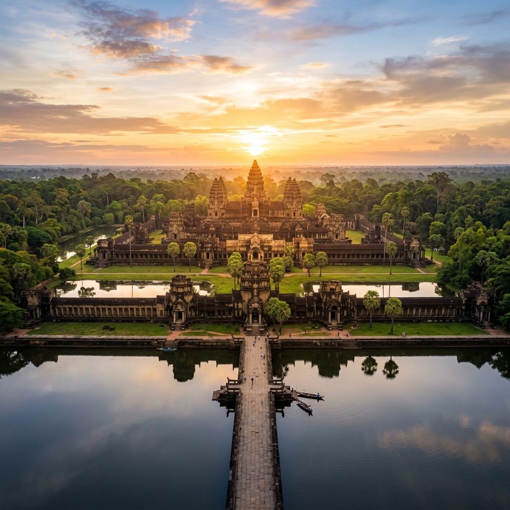 Aerial view of Angkor Wat surrounded by its massive moat, with jungle beyond