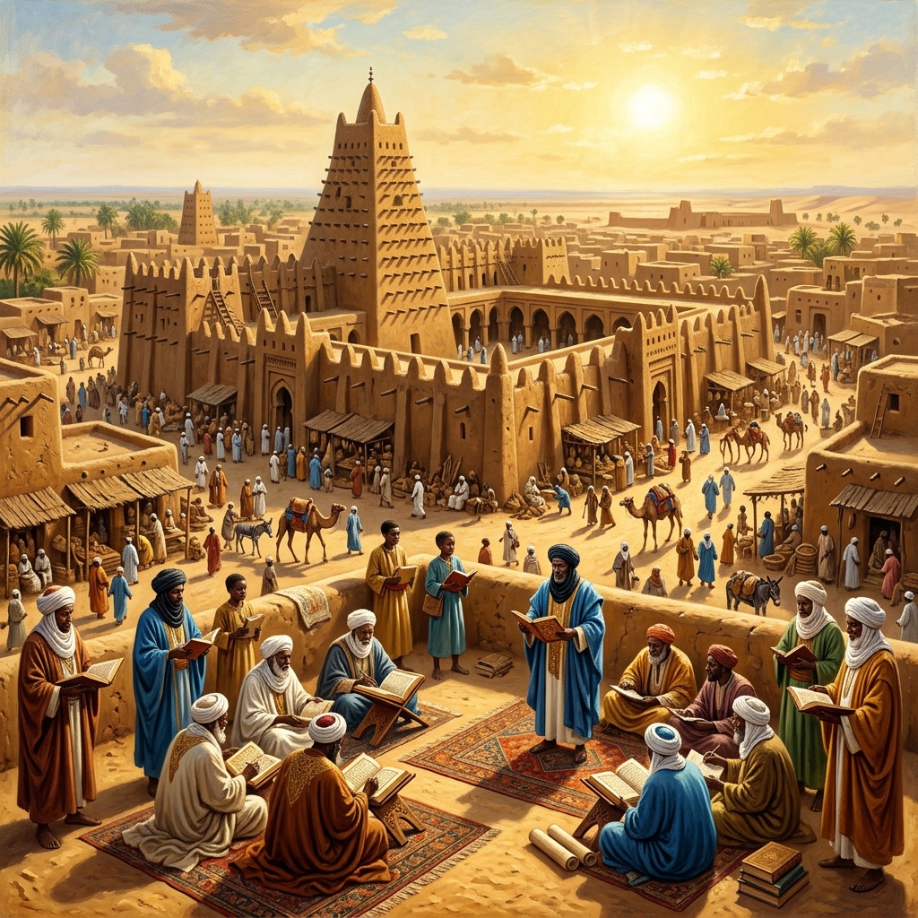 A stylized illustration of Mansa Musa's caravan crossing the Sahara Desert, laden with gold