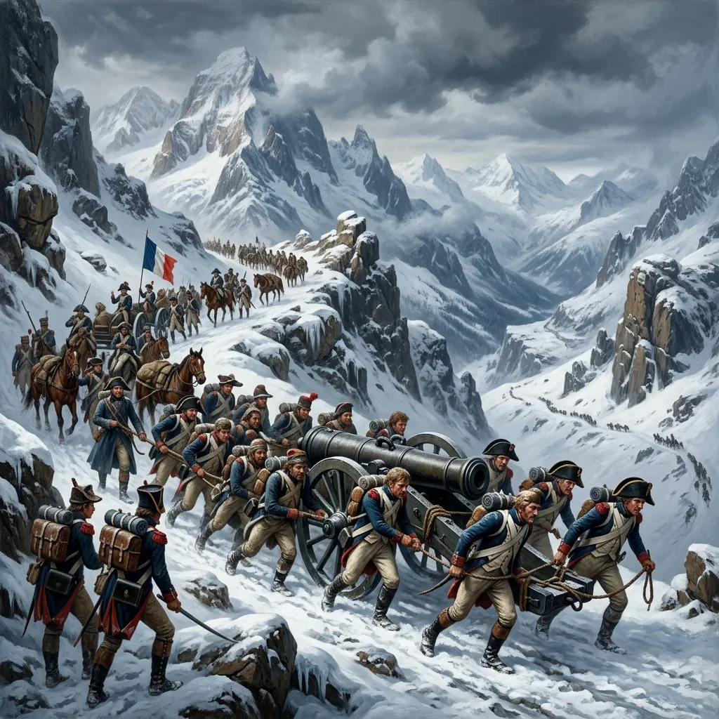 French troops dragging cannons through a snowy Alpine pass