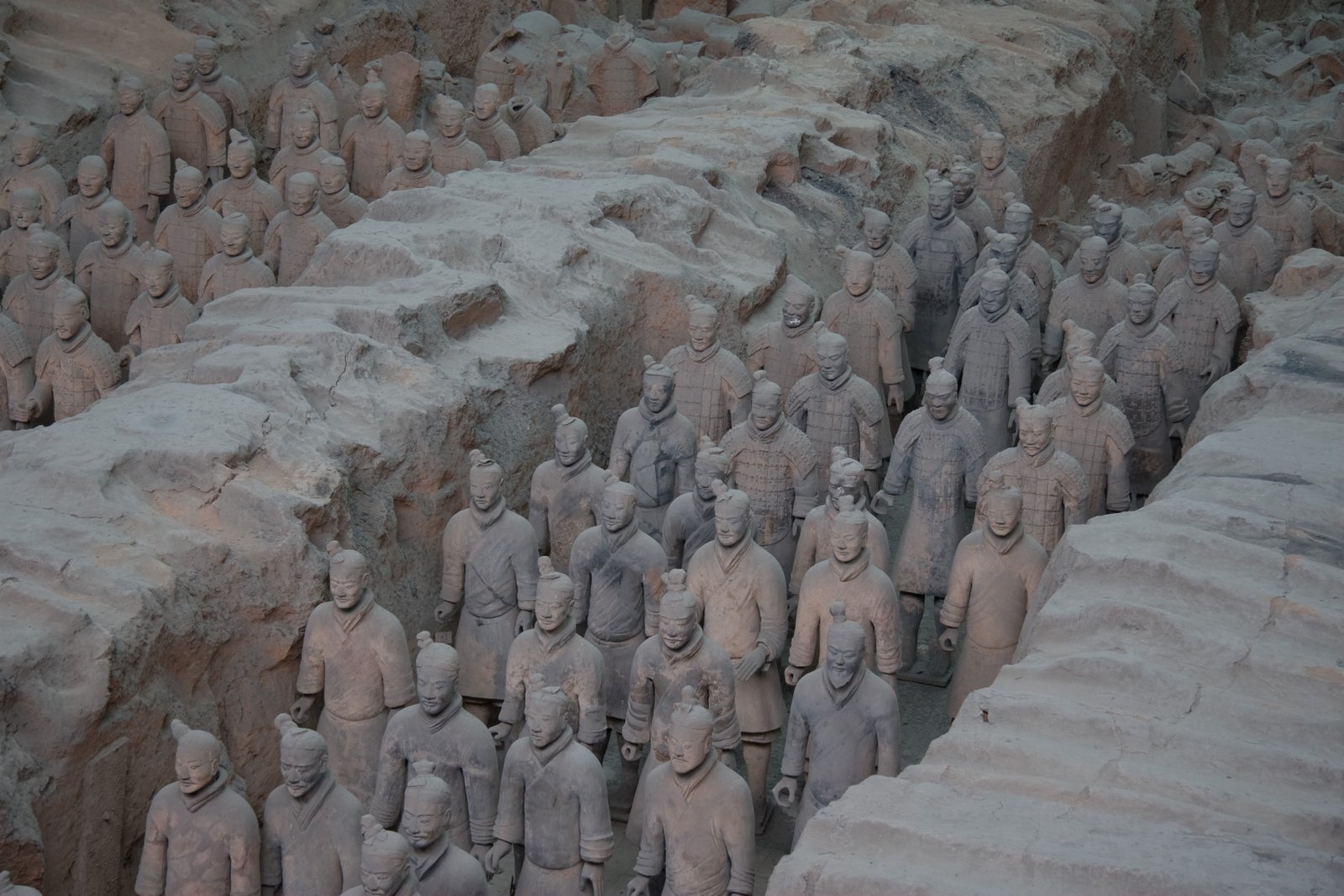 Overhead perspective of excavated trenches inside Pit 1 of the Terracotta Army