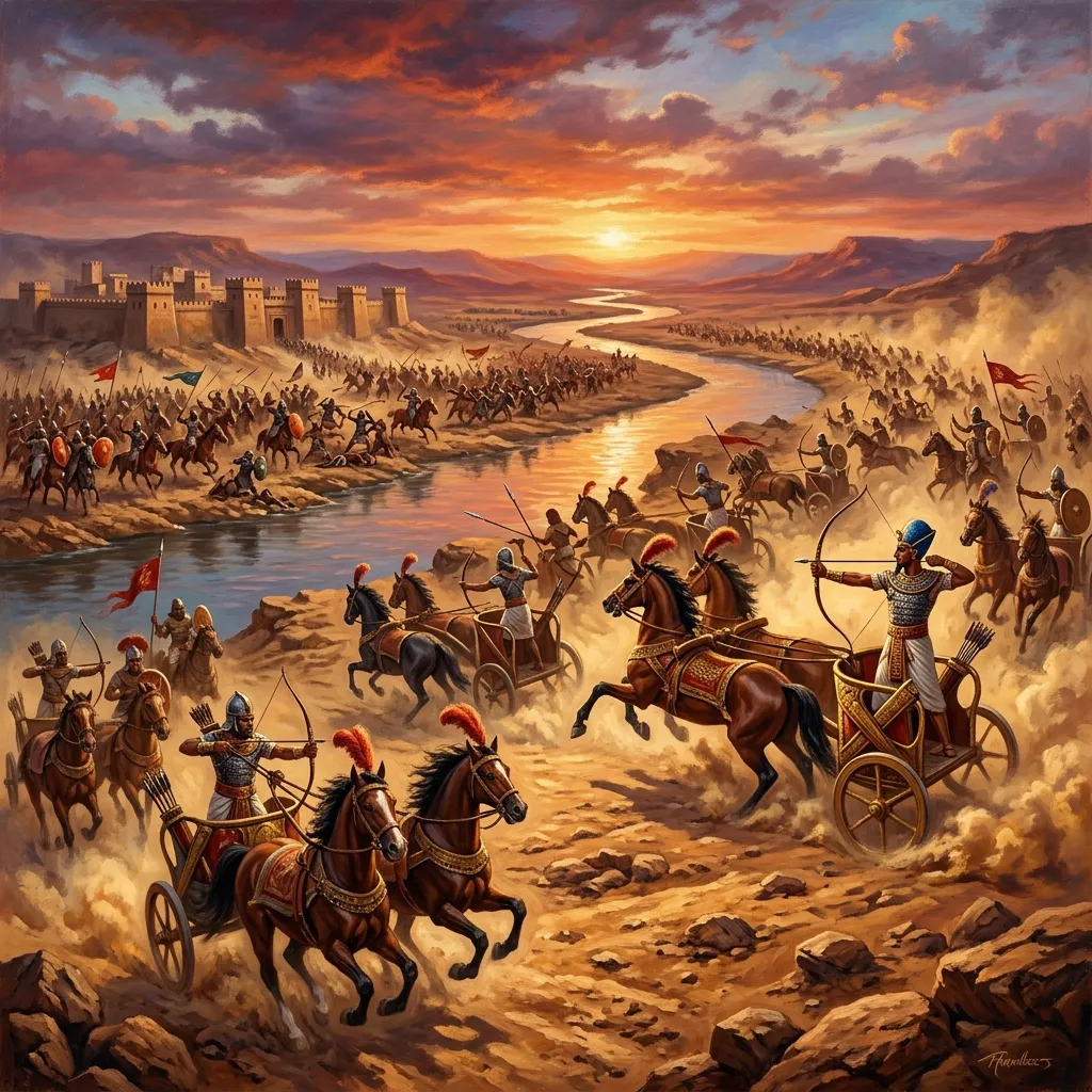 Egyptian war chariots charging at the Battle of Kadesh