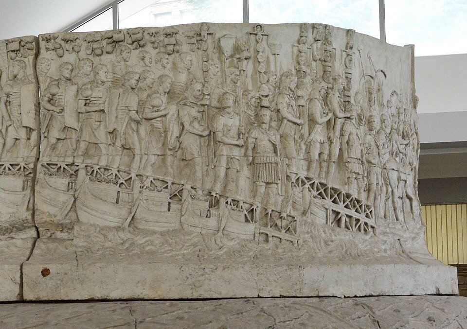 Relief carving from Trajan's Column depicting Roman troops crossing the Danube