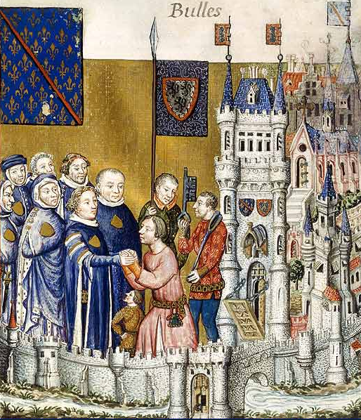 Vassal swearing homage to lord manuscript miniature