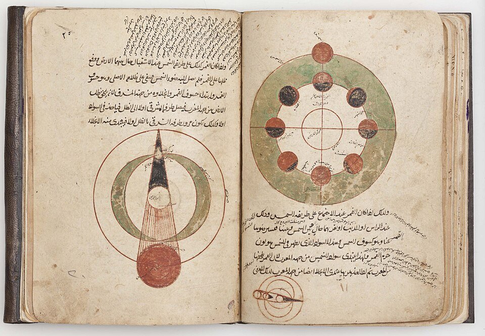 Illuminated medieval Arabic manuscript leaf showing astronomical geometry and diagrams