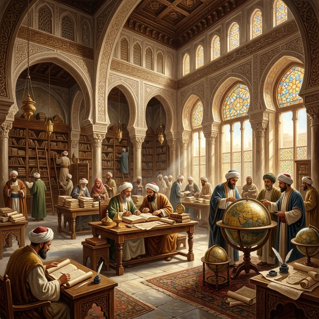 Scholars studying mathematical treatises in Abbasid Baghdad