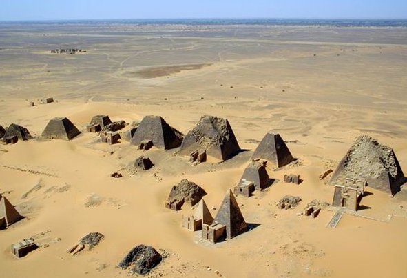Steep sandstone royal pyramids of the Kingdom of Kush at Meroe in Sudan