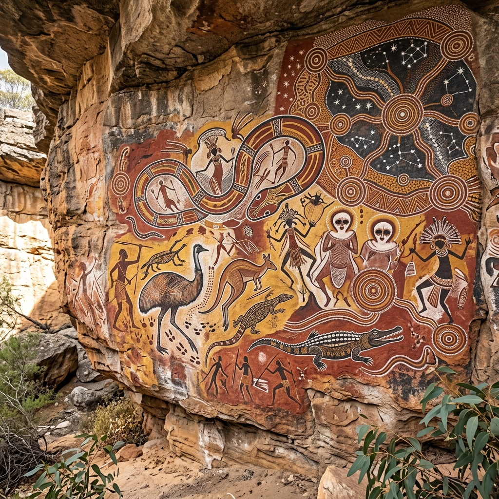 Aboriginal rock art showing ancestral figures and symbols representing landscape features
