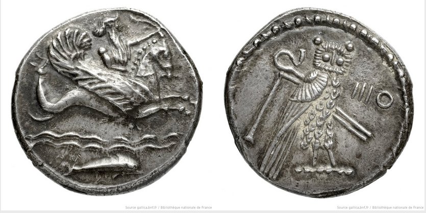 Silver shekels of Tyre showing Melqart riding a winged sea horse