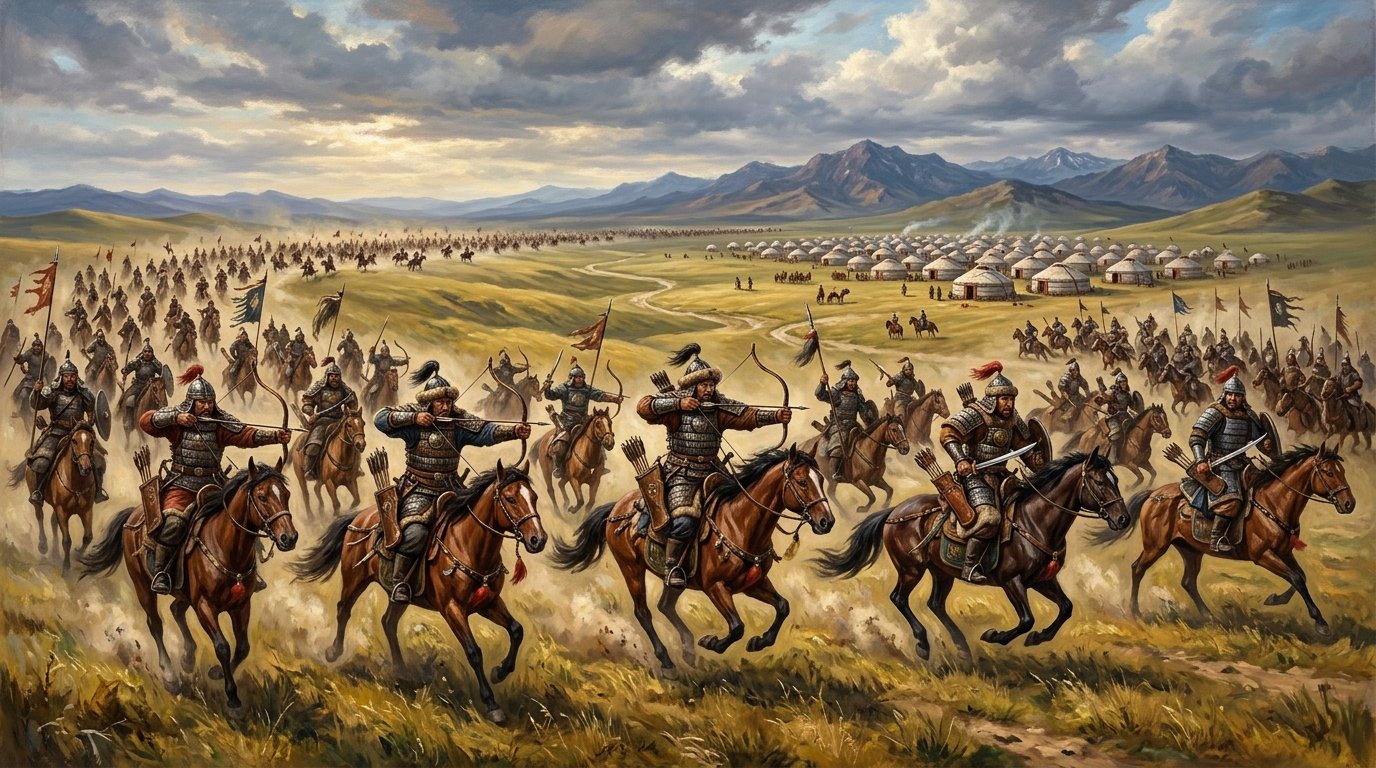 Mongol imperial horse cavalry maneuvering across the Eurasian steppe