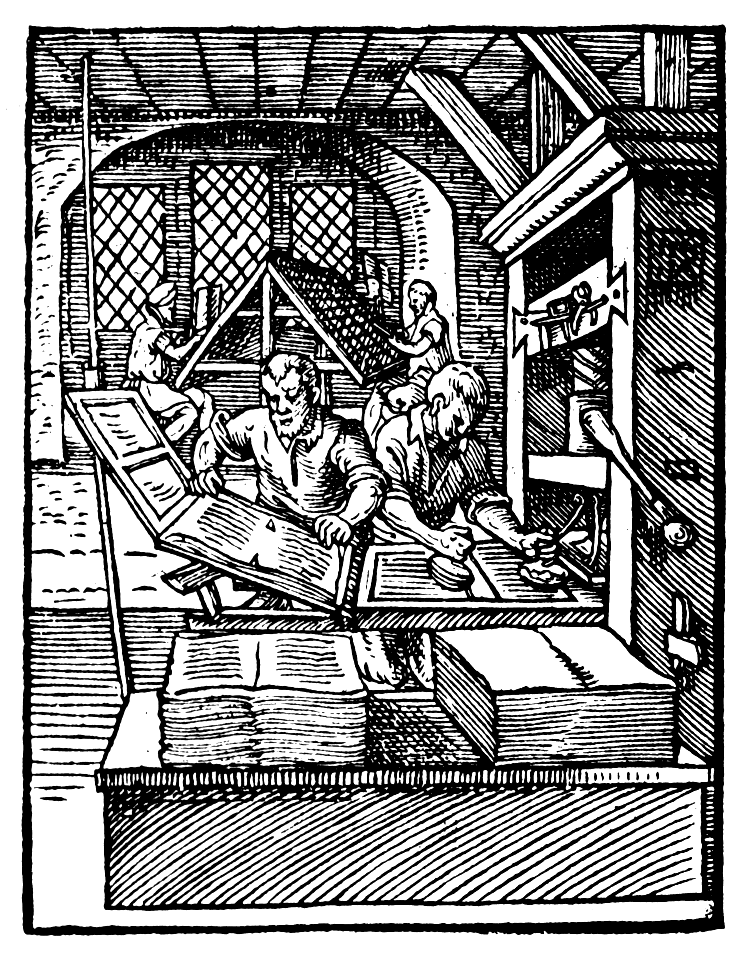 16th-century woodcut of an active print shop by Jost Amman