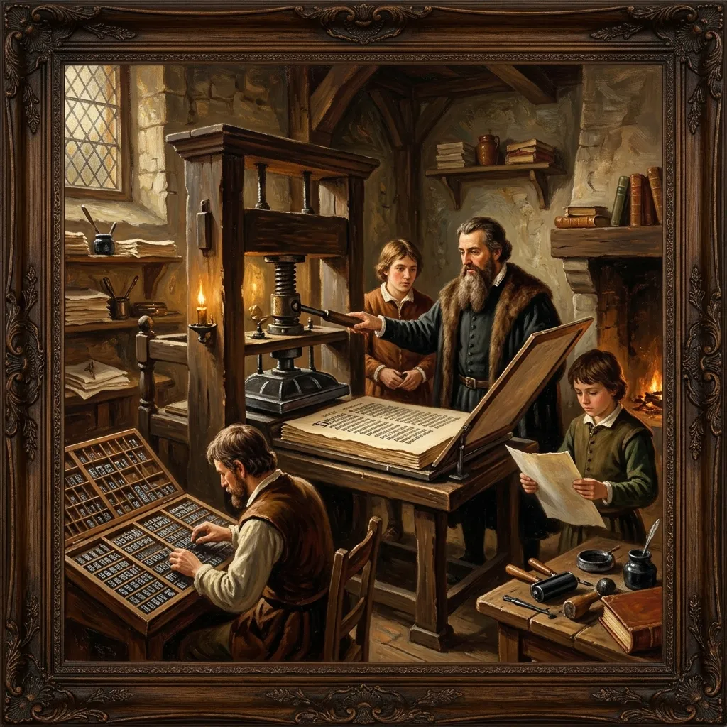 15th century Gutenberg movable type printing press in operation