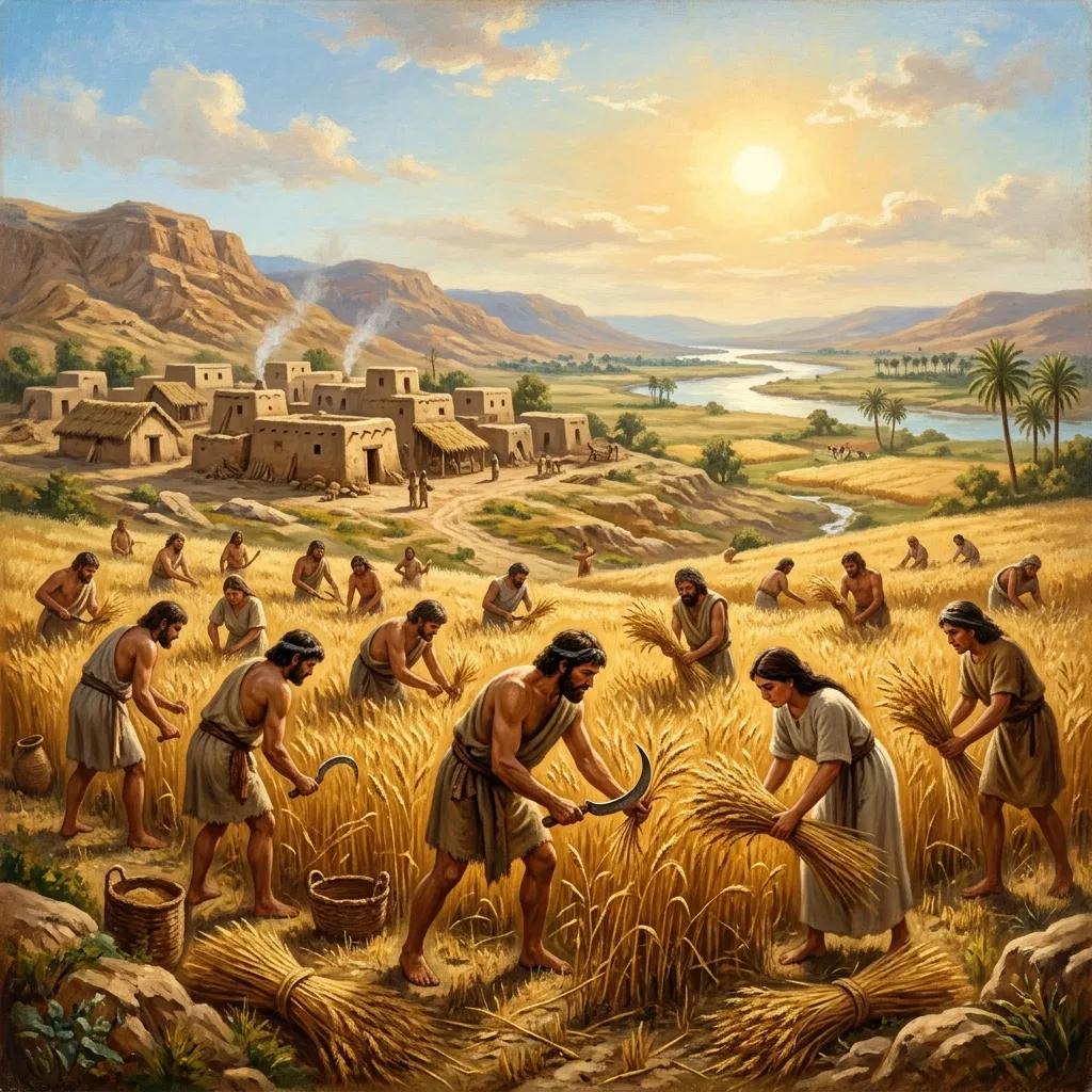 Neolithic farming village showing crop harvesting and animal enclosures