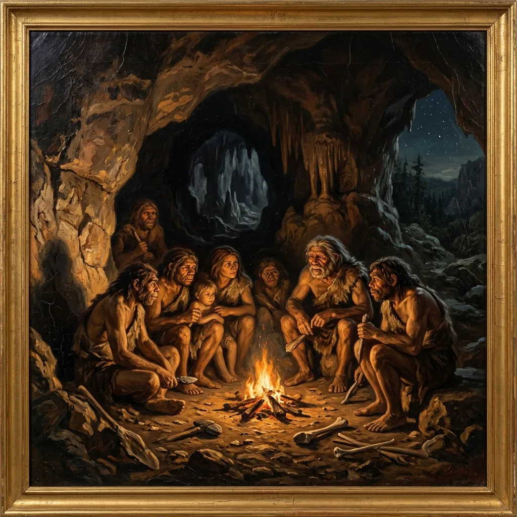 Palaeolithic band gathered around a cave fire cooking food