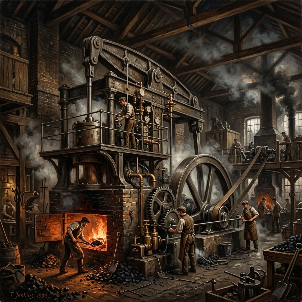 James Watt's double-acting steam engine in a textile mill