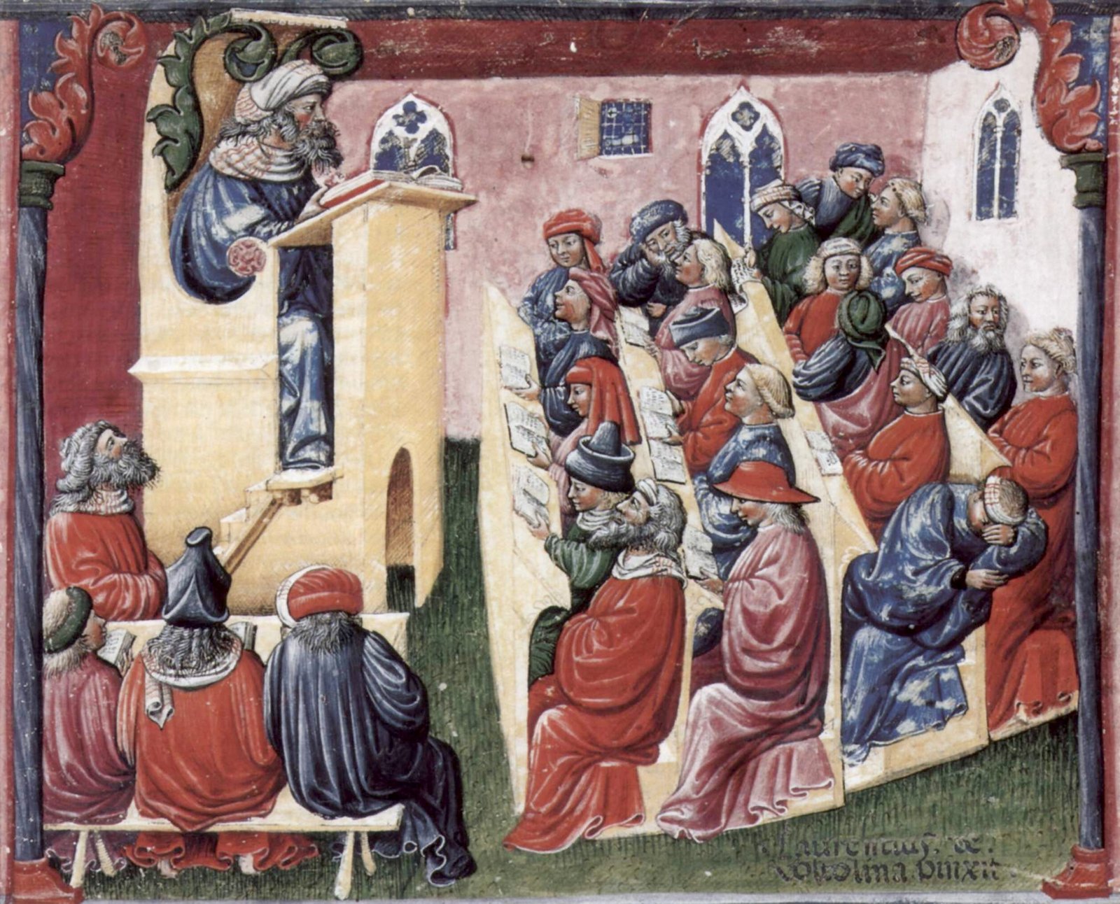 Laurentius de Voltolina illustration of a lecture at the University of Bologna c. 1350