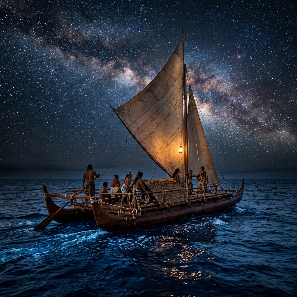 The Hokule'a double-hulled voyaging canoe sailing on open Pacific water
