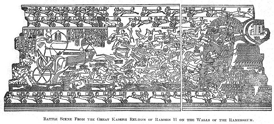 Relief carving at the Ramesseum in Thebes showing Egyptian infantry and chariots during the battle