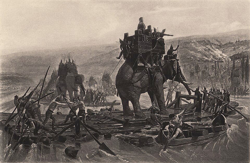 Historical painting of Hannibal's army crossing the Rhone with war elephants