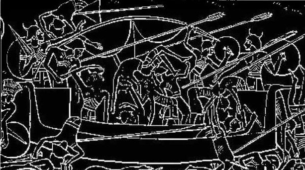 Relief carving of Sherden mercenary guards with horned helmets and round shields