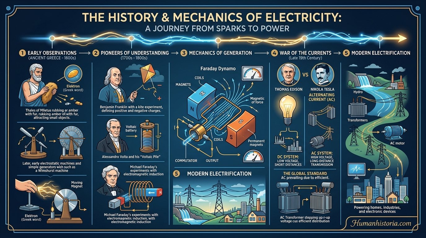 Electricity: Faraday, Tesla & Power Generation Infographic