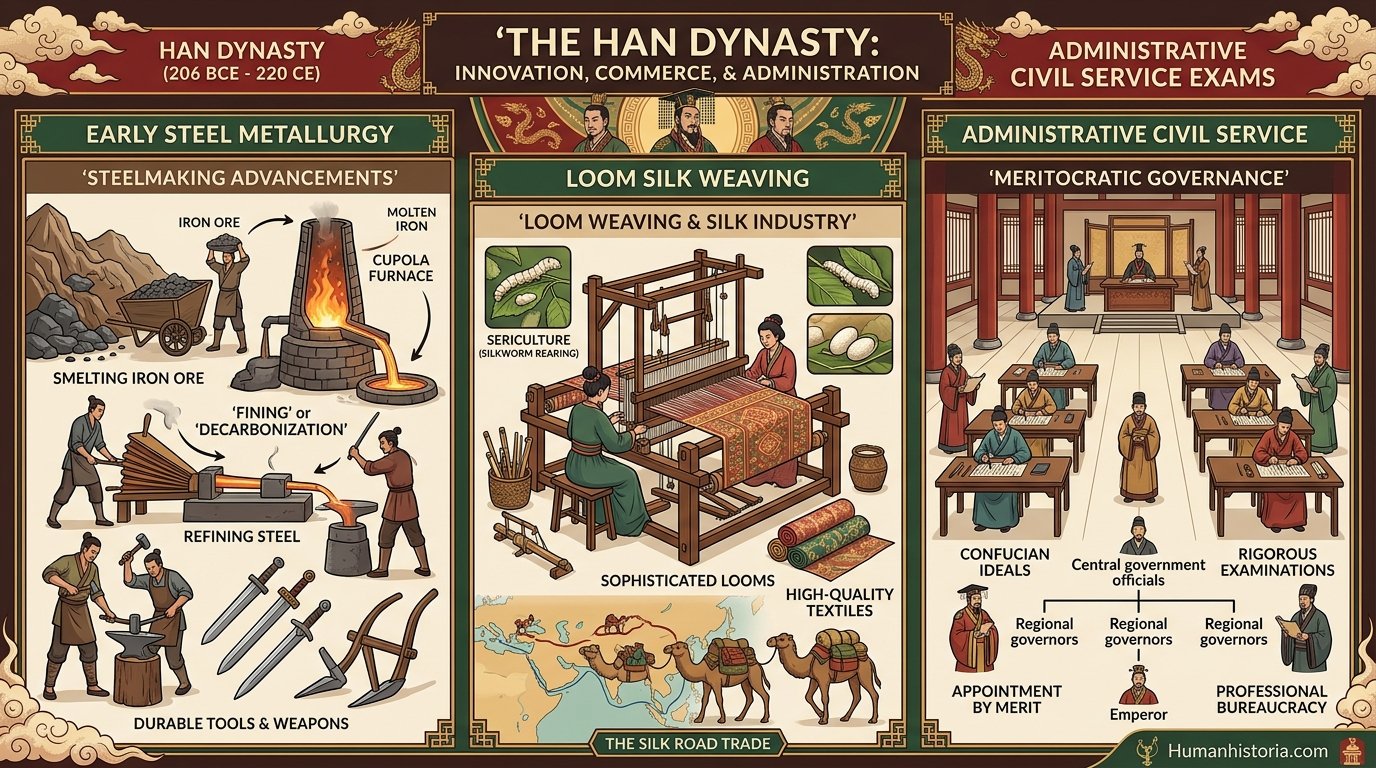 The Han Dynasty: Steel, Silk & Civil Service Exams Infographic