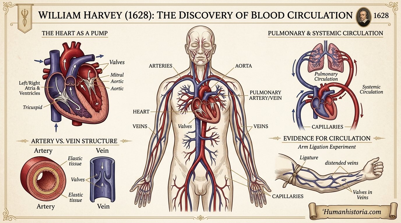 William Harvey & The Circulation of Blood 1628 Infographic