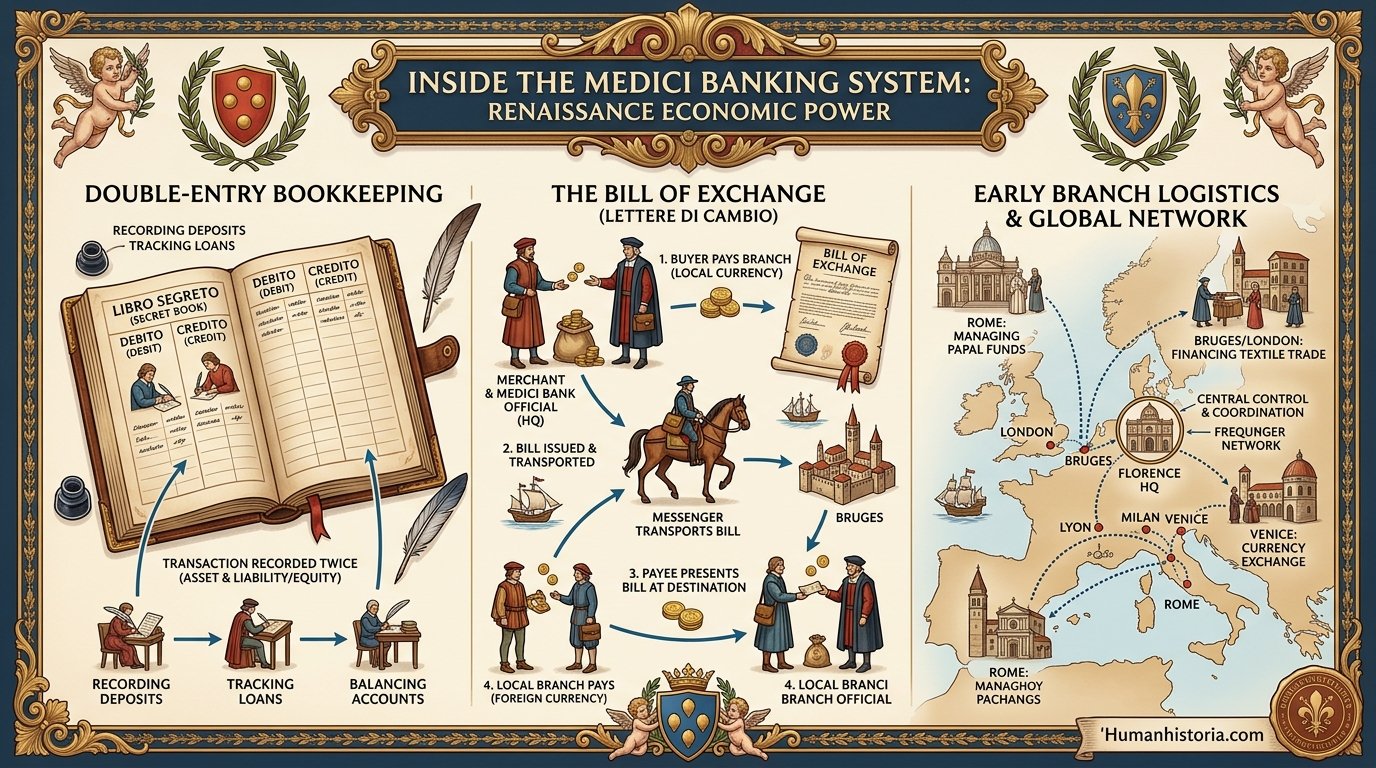 The Medici Banking System & Double-Entry Bookkeeping Infographic