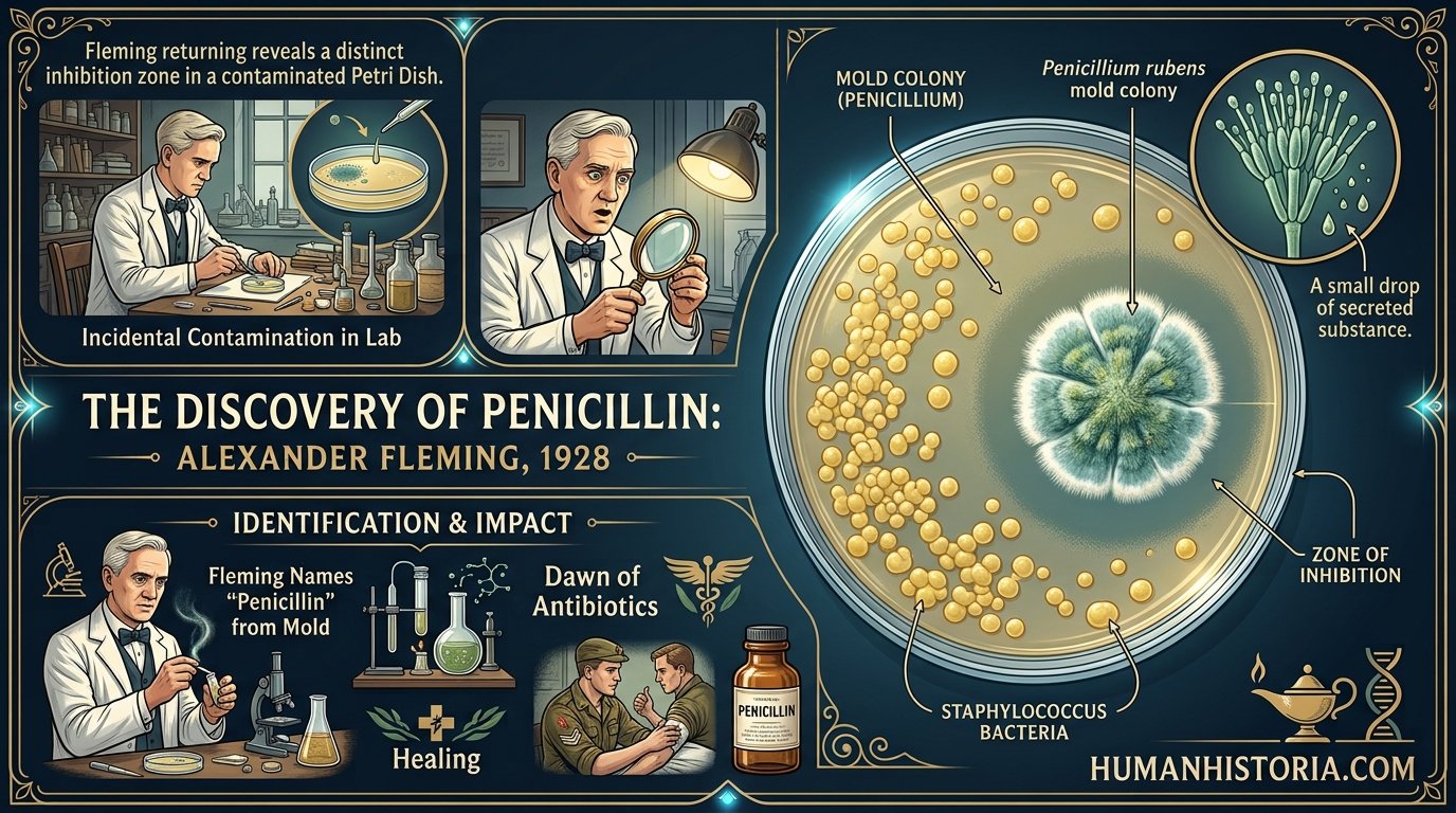 Alexander Fleming's Discovery of Penicillin (1928) Infographic