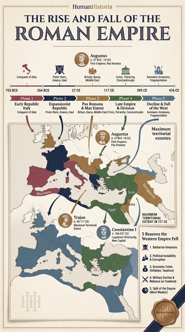The Roman Empire: Rise, Peak & Dissolution