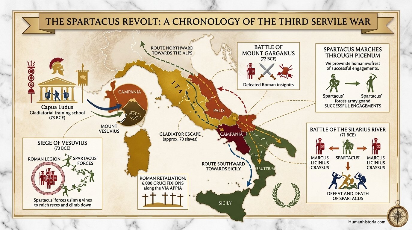 The Spartacus Gladiator Revolt (73–71 BCE) Infographic