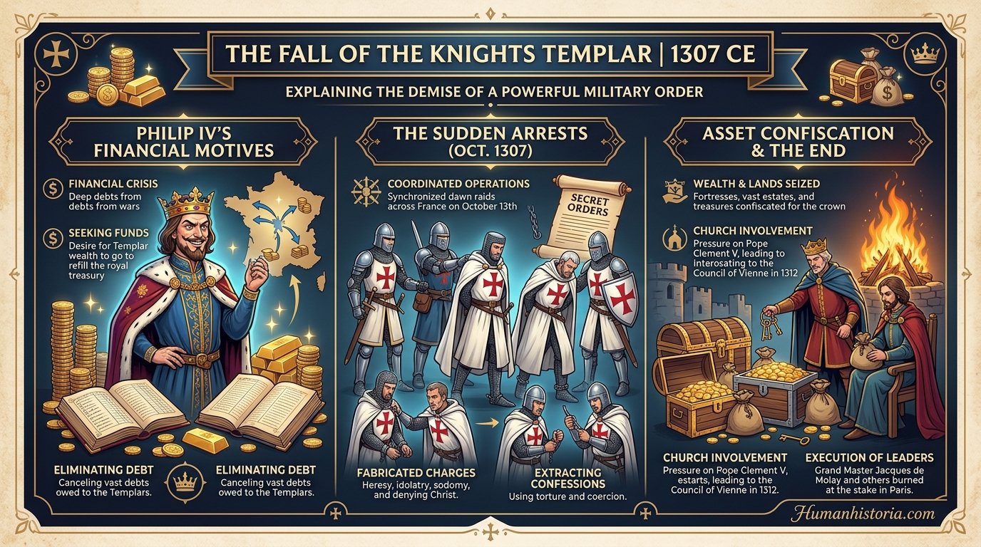 The Fall of Knights Templar & Debt Seizure (1307) Infographic