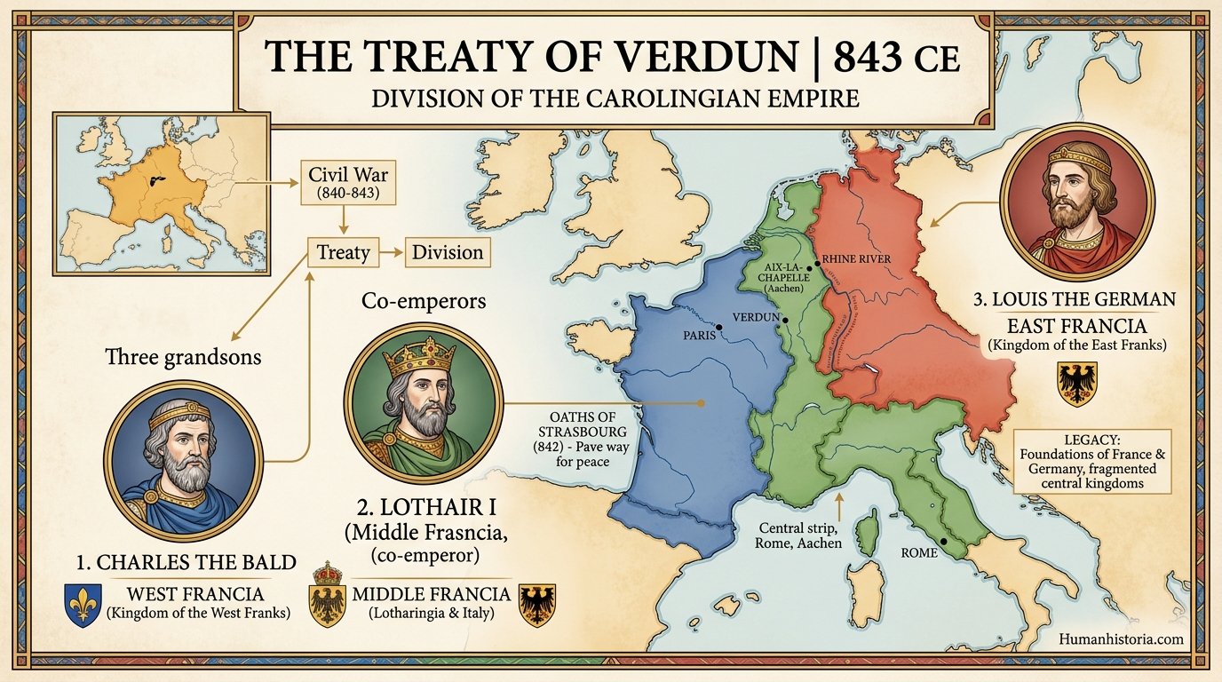 The Treaty of Verdun (843 CE) Partition Map Infographic