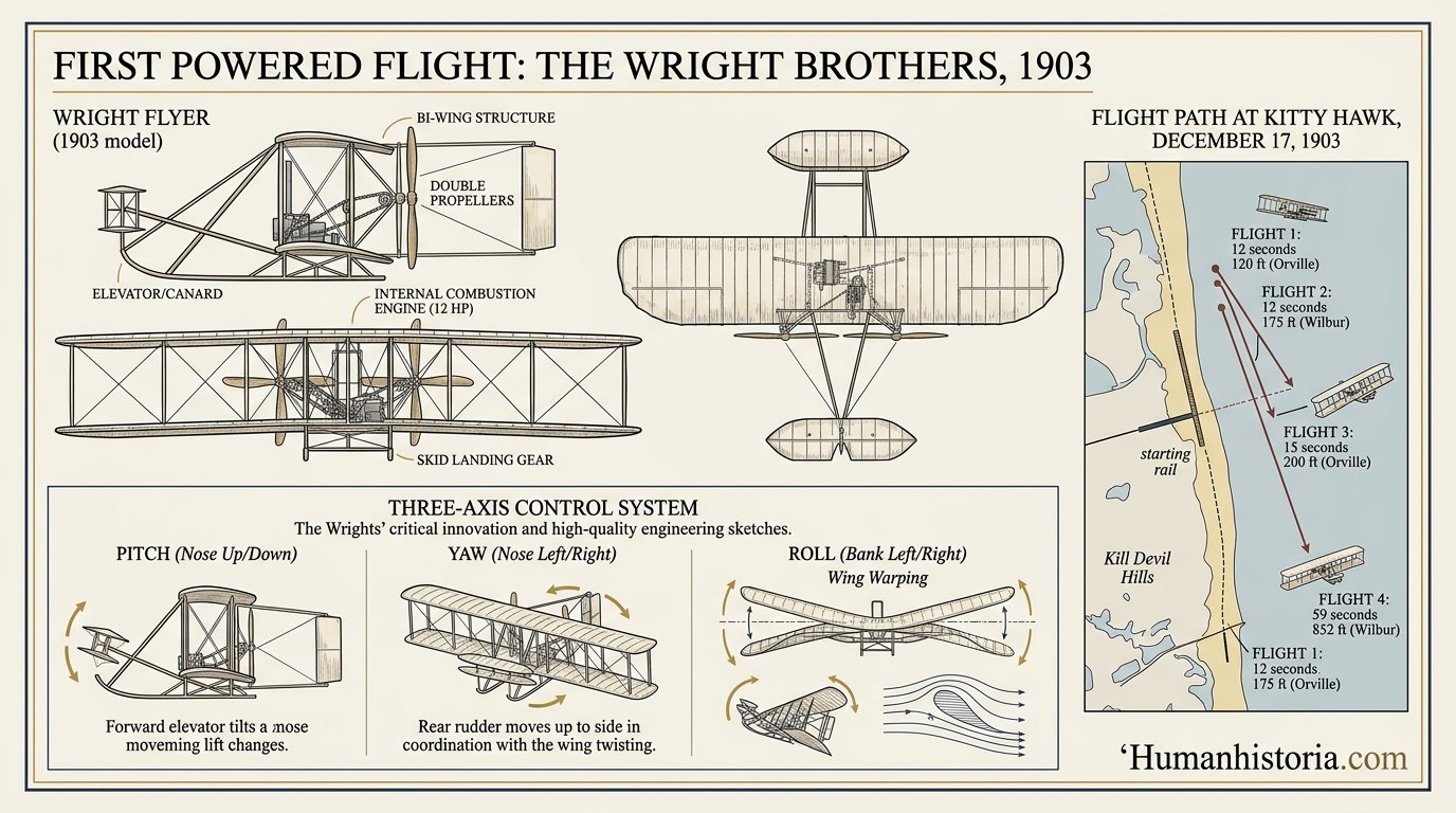 The Wright Brothers First Powered Flight (1903) Infographic